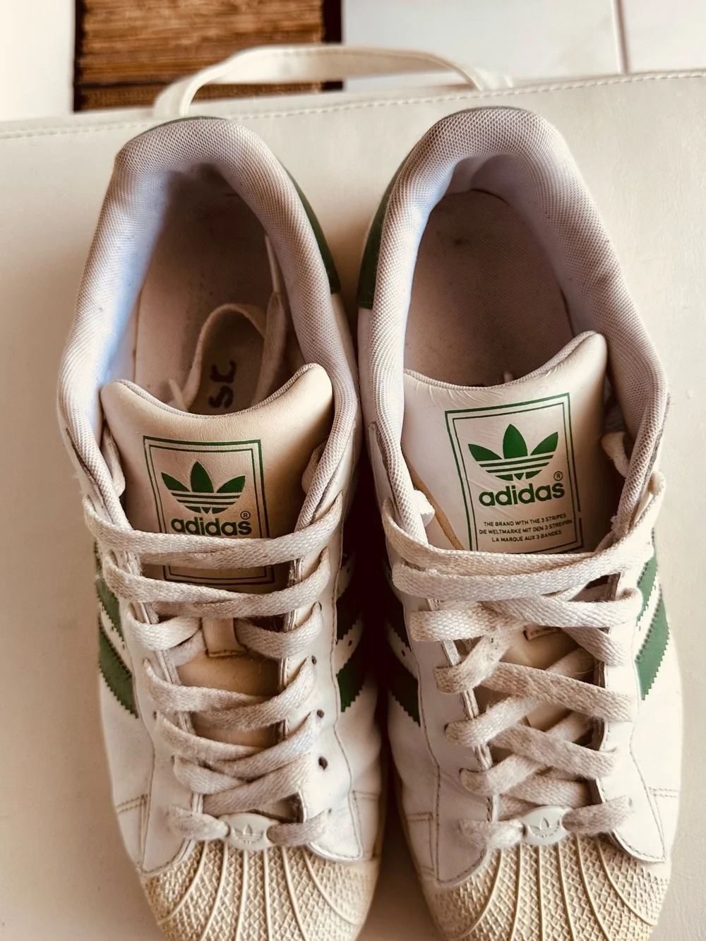 Adidas Original White Sneakers with Green Stripes